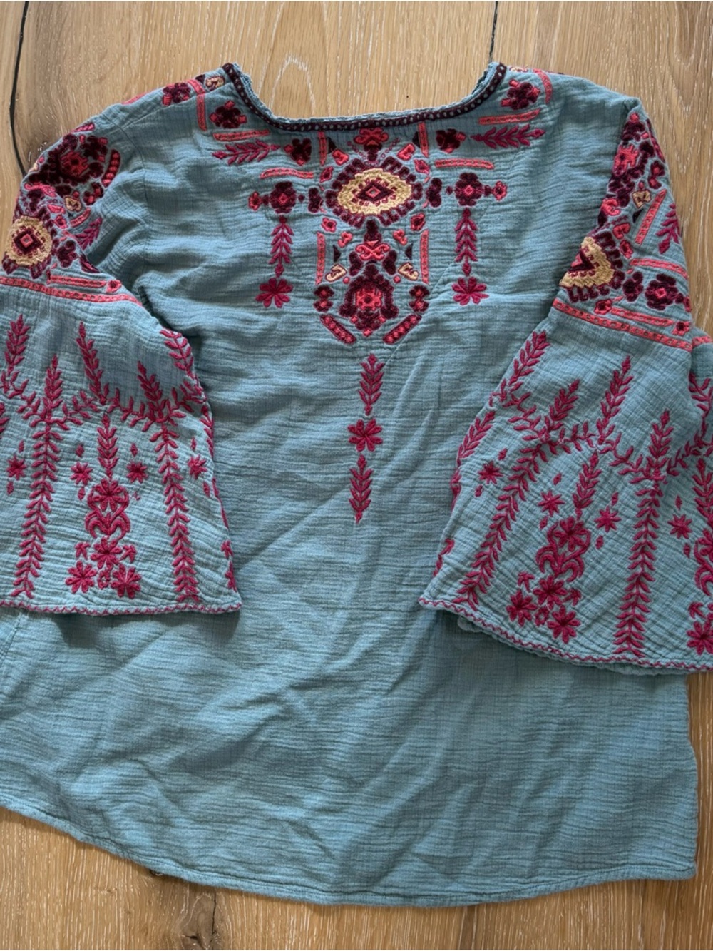 Sundance Light Blue Tunic with Pink and Gold Embroidery - Picture 2 of 5